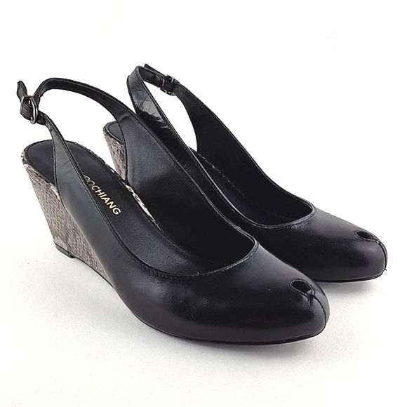 ARTURO CHIANG Black Leather Reptile Print Wedge Slingback Shoe Peep Toe Sz 7.5M - Picture 2 of 16